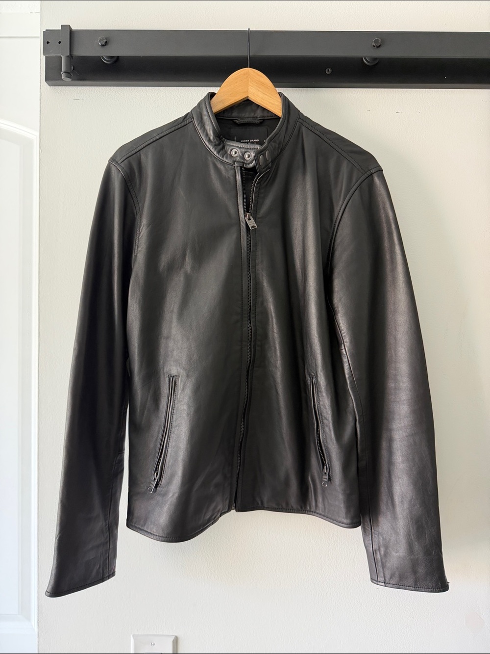 Lucky Brand Men's Bonneville Black Leather Bomber Jacket - Black - Small